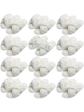 12 Pairs Women's Fuzzy Plush Slippers - Open Toe Cross Band for Bridal Gifts